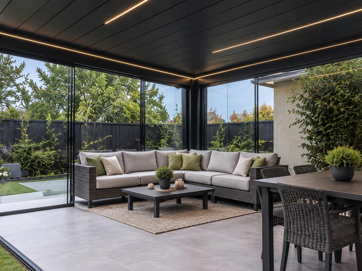 Interior of a glazed outdoor room, design visualisation